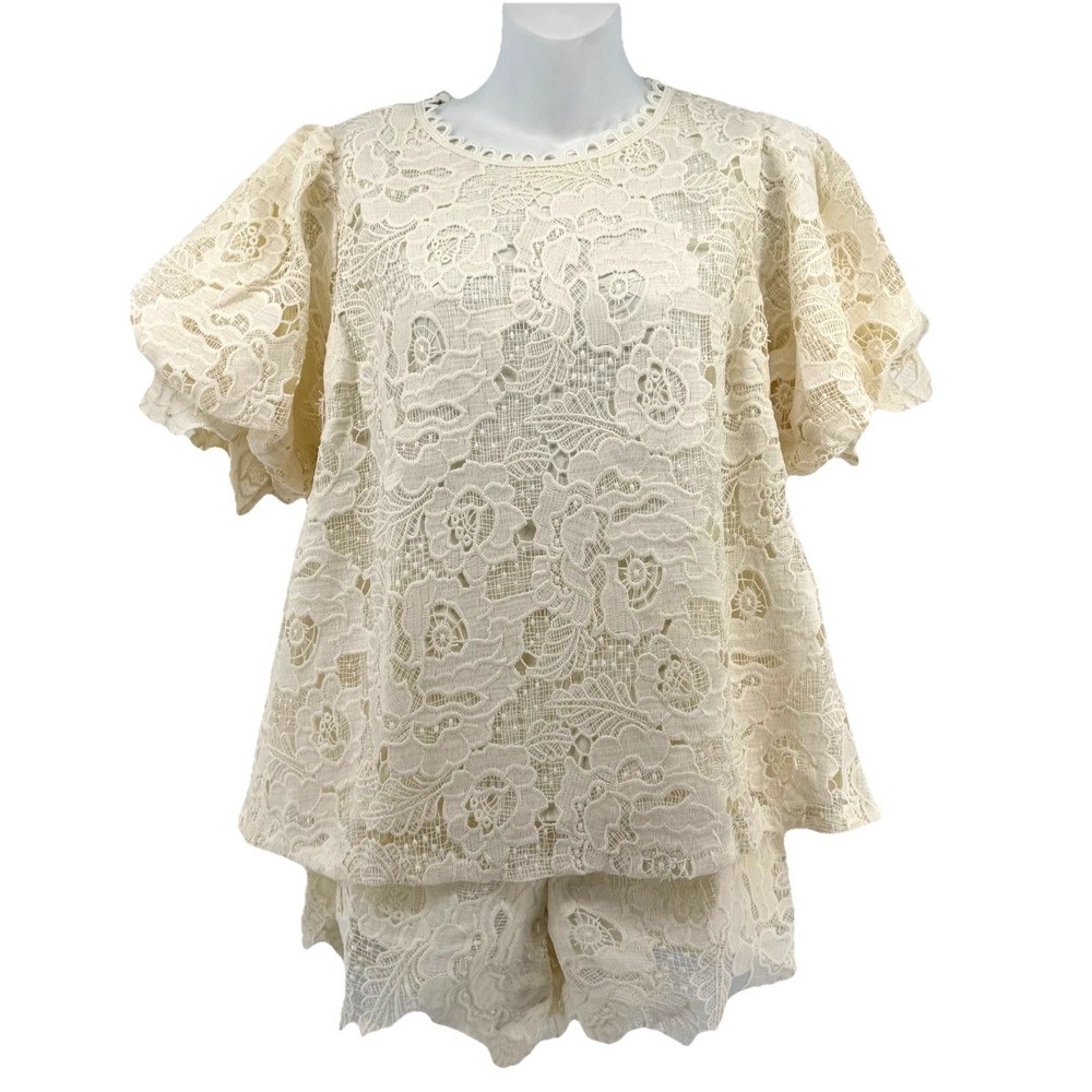 Umgee Lace Top Shorts Set Women Large Ivory Puff Sleeve Cottagecore NWT